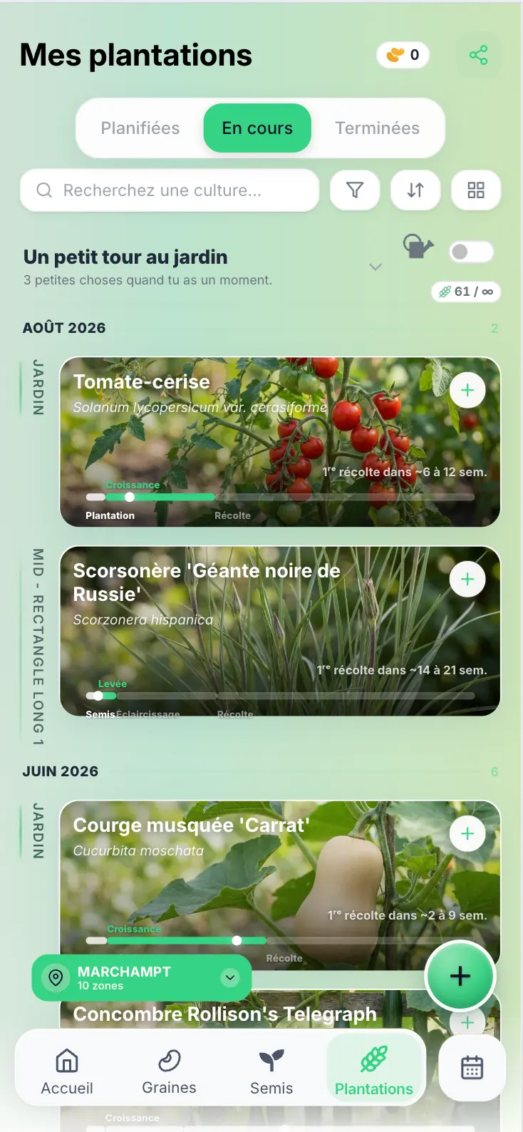 Liste des plantations en cours dans Grainly, regroupées par zone avec leur progression.